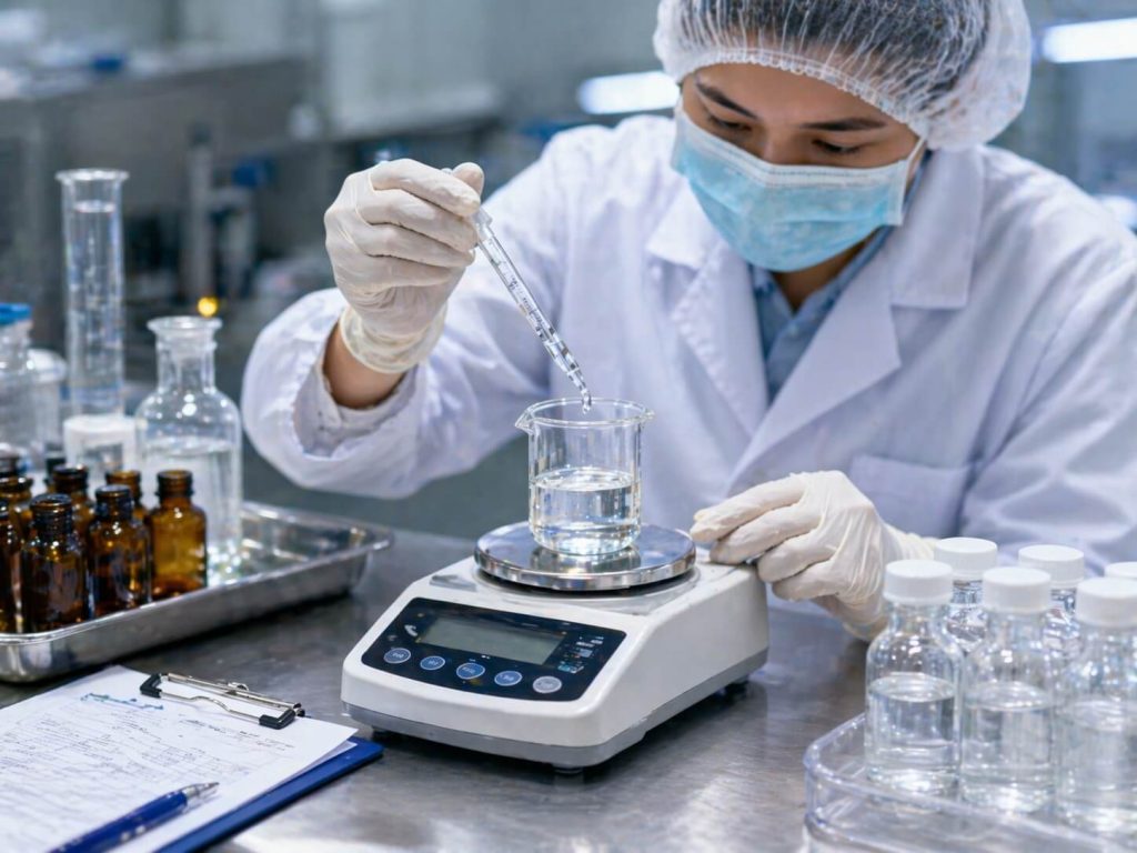 Memastikan dosis obat cair dengan timbangan digital presisi sesuai standar farmasi