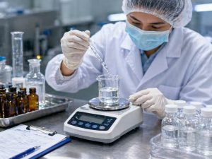 Memastikan dosis obat cair dengan timbangan digital presisi sesuai standar farmasi