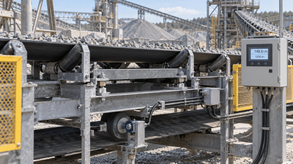Belt scale pada conveyor material curah dengan rangka timbang dan sensor kecepatan