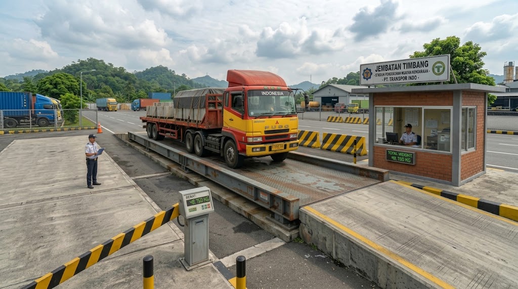 Jembatan timbang untuk mencatat tonase pengumpulan kemasan karton bekas.