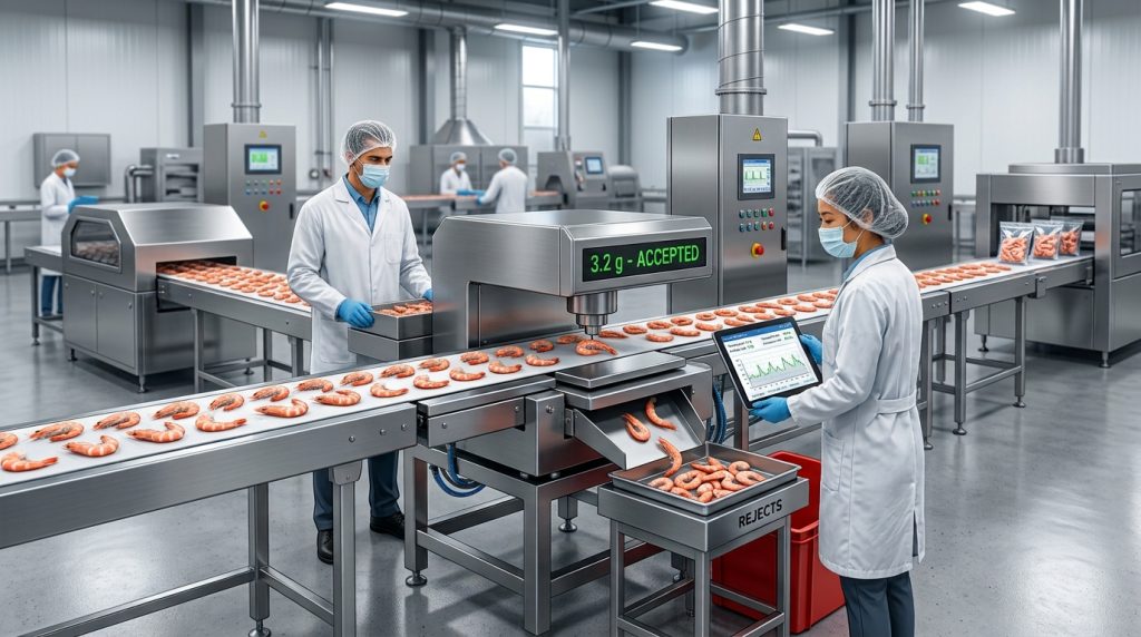 Checkweigher untuk pemeriksaan berat kemasan udang beku pada conveyor.