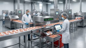 Checkweigher untuk pemeriksaan berat kemasan udang beku pada conveyor.