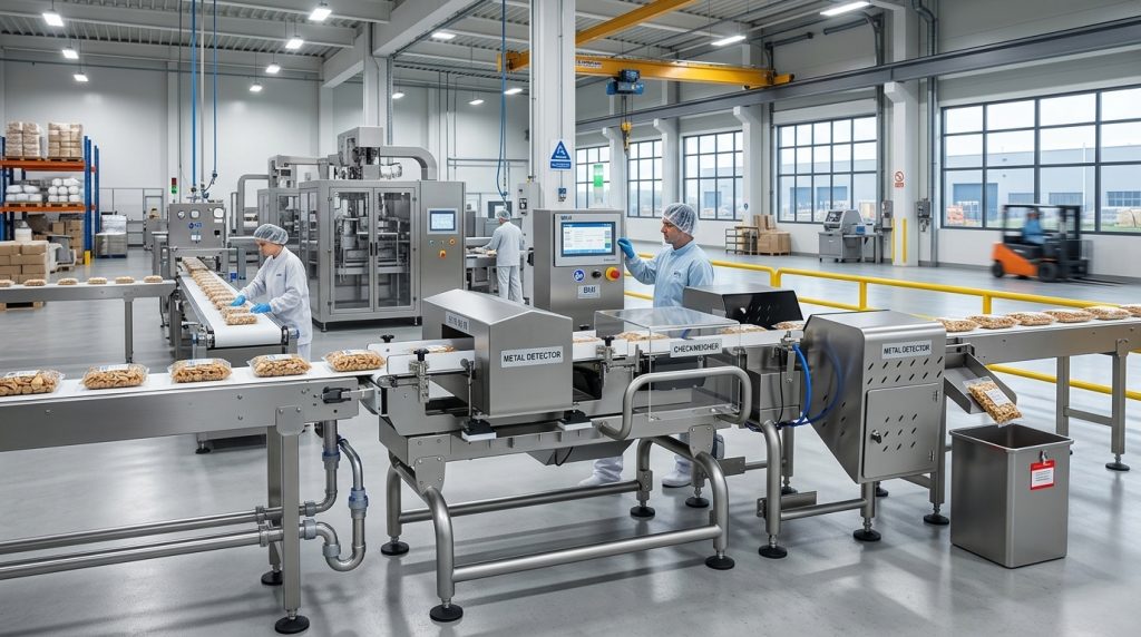 Checkweigher untuk pemeriksaan berat kemasan dan pencatatan hasil produksi pangan.