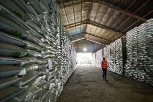 Karung pupuk melewati checkweigher karung pupuk di lini pengemasan