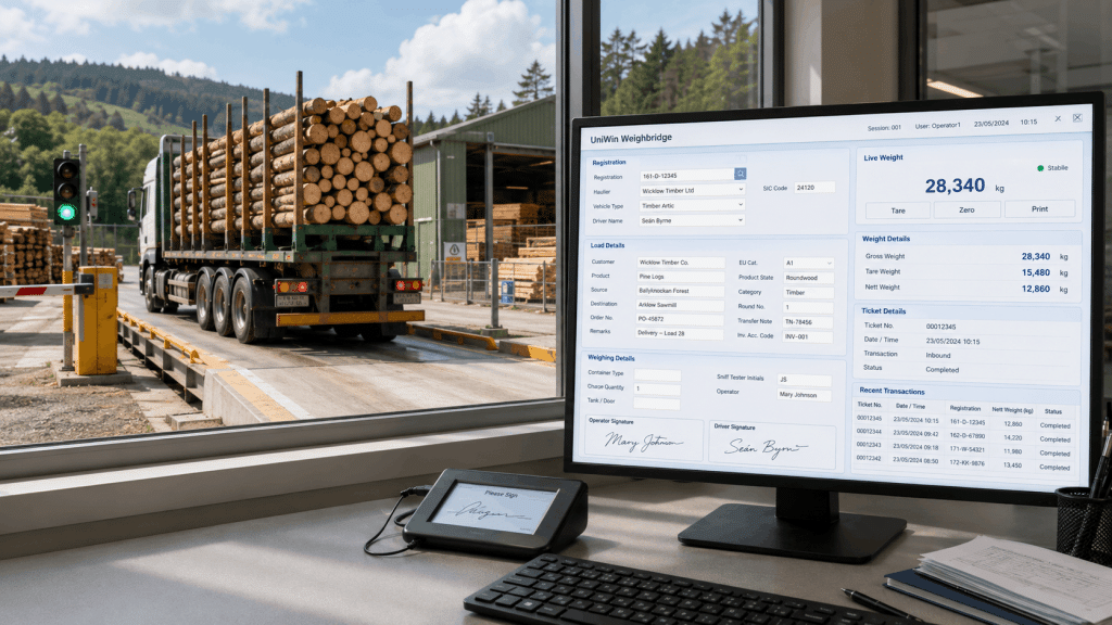 Tampilan weighbridge software untuk pencatatan transaksi dan tiket timbang kendaraan